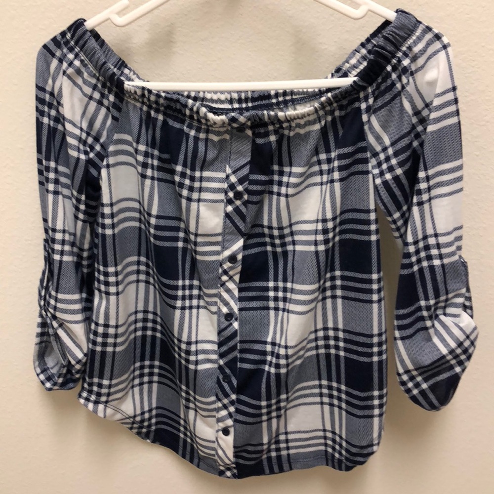 Navy and white off shoulder top